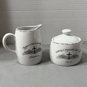 Coventry Daily Blessings Inspirational White Creamer &  Sugar Bowl Black Script